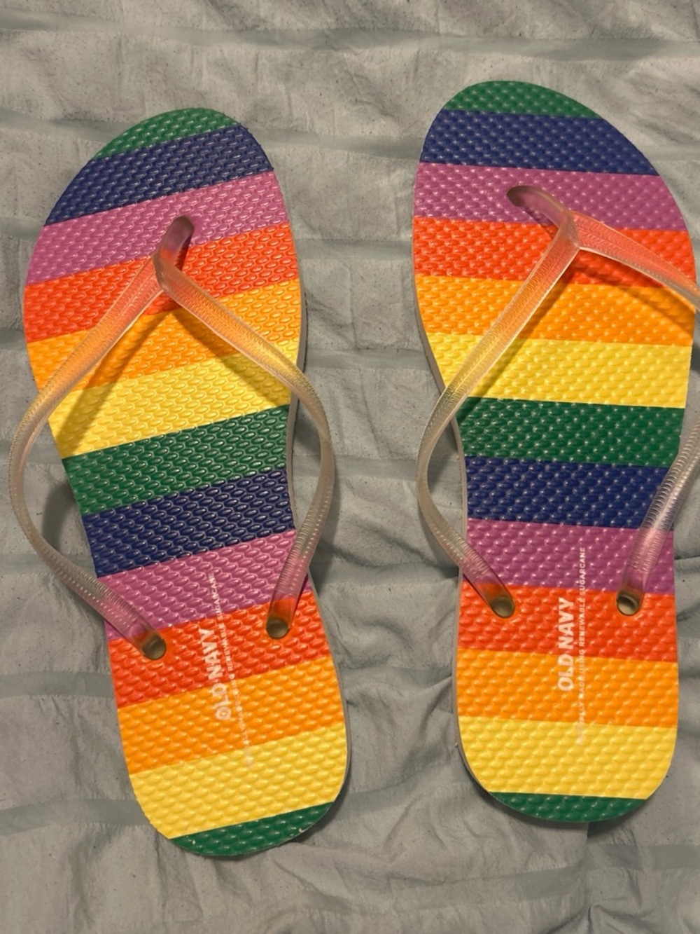 Old Navy Multi-Color Rainbow Stripe Flip Flops with Clear Straps